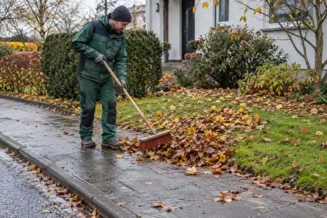 Nasses Herbstlaub wird von einem Gehweg zusammengekehrt