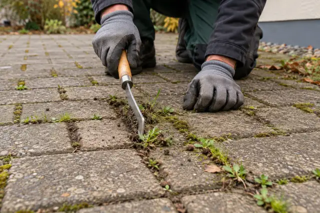 Moos und Unkraut werden mit einem Fugenkratzer aus Pflasterfugen entfernt