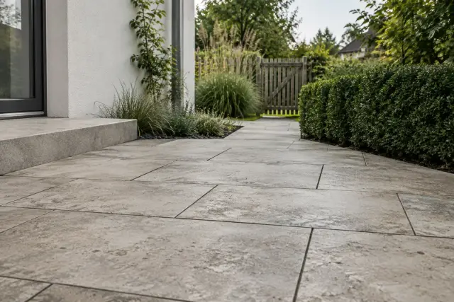 Gepflegte Terrasse mit hellen Steinplatten